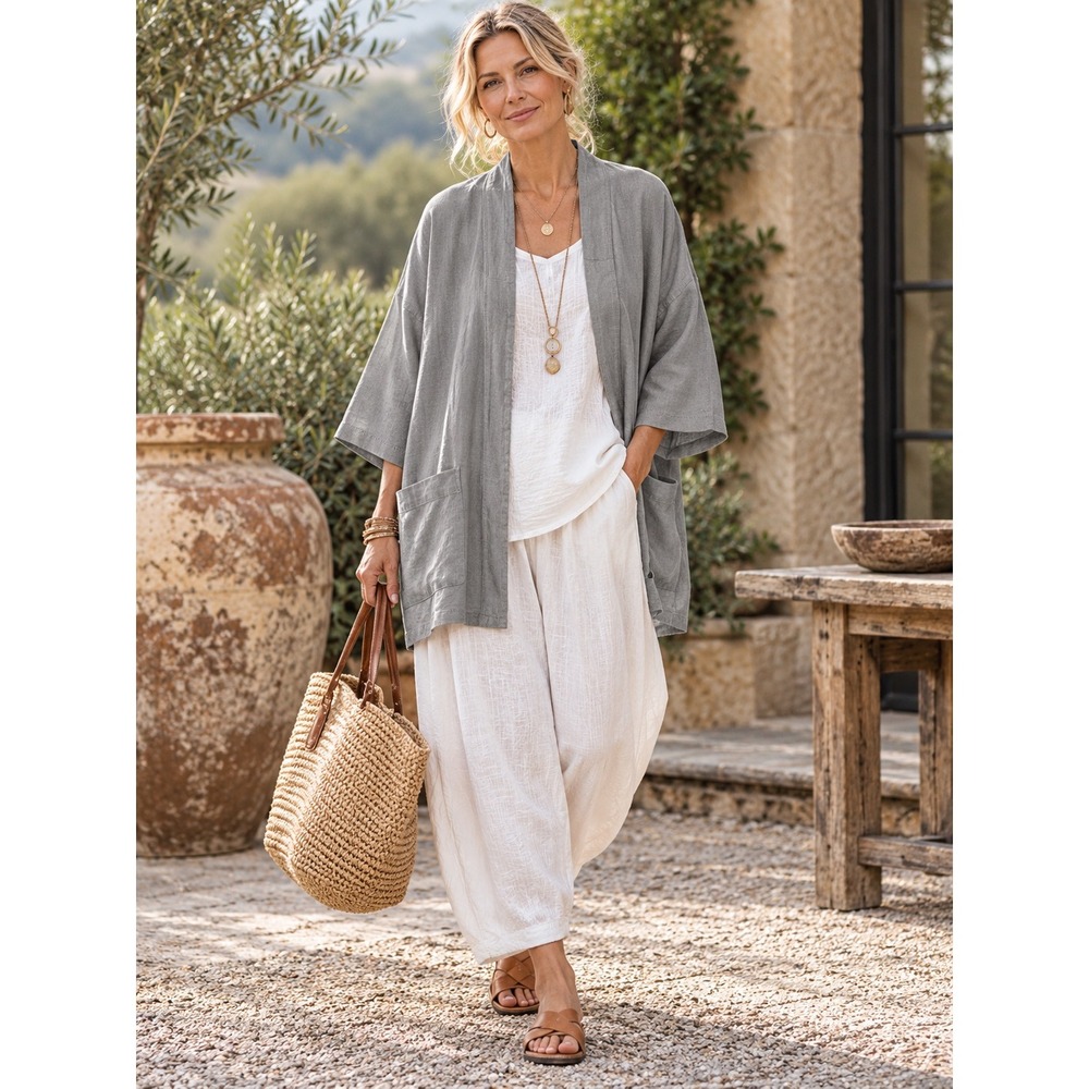 Eileen Fisher Organic Linen Open Front Kimono Cardigan Jacket Resort Lagenlook L